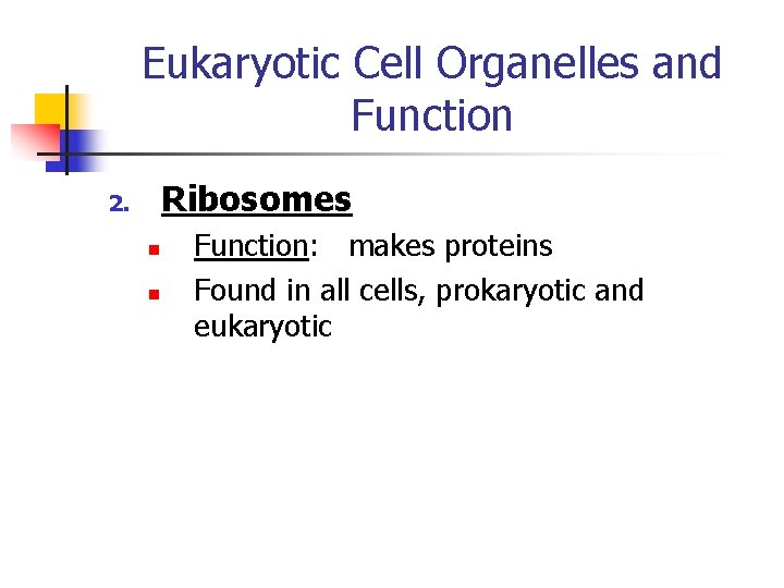 Eukaryotic Cell Organelles and Function Ribosomes 2. n n Function: makes proteins Found in