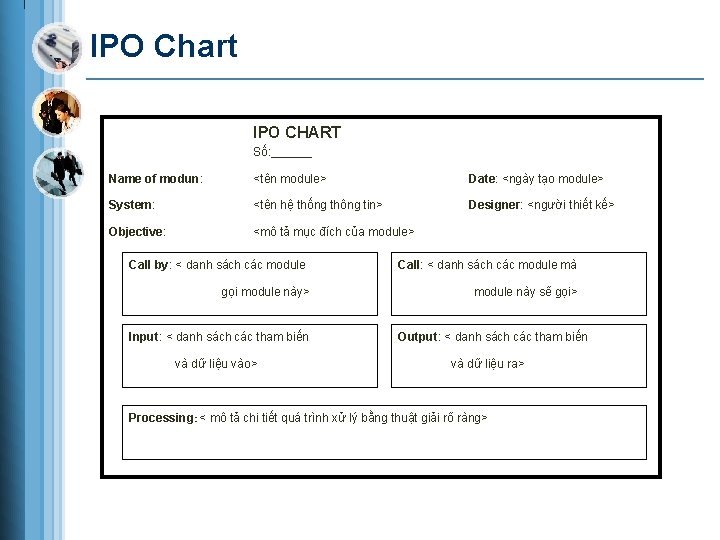 IPO Chart IPO CHART Số: ______ Name of modun: <tên module> Date: <ngày tạo