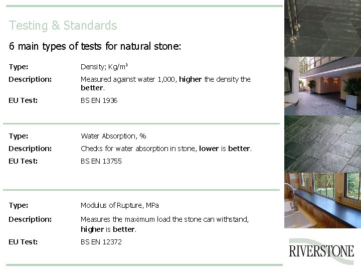Testing & Standards 6 main types of tests for natural stone: Type: Density; Kg/m