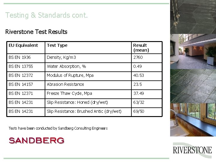 Testing & Standards cont. Riverstone Test Results EU Equivalent Test Type Result (mean) BS