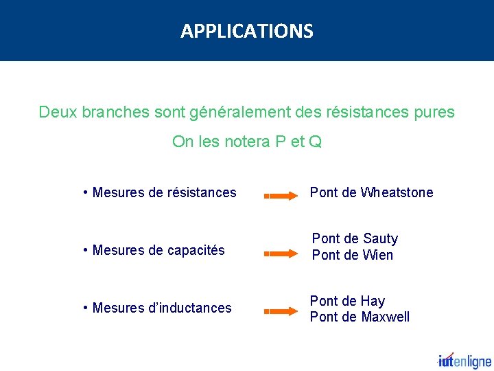 APPLICATIONS Deux branches sont généralement des résistances pures On les notera P et Q