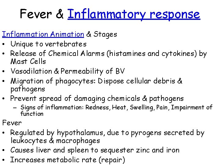 Fever & Inflammatory response Inflammation Animation & Stages • Unique to vertebrates • Release