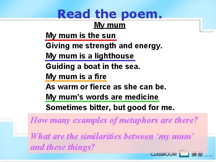 Read the poem. My mum is the sun Giving me strength and energy. My