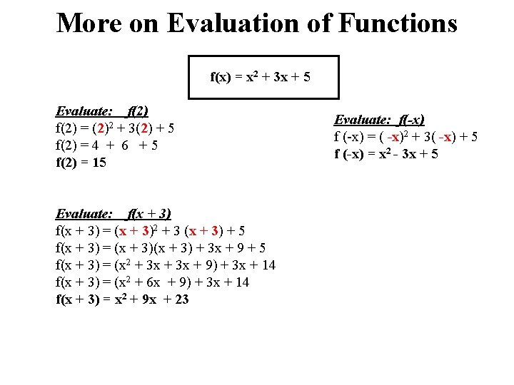 More on Evaluation of Functions f(x) = x 2 + 3 x + 5