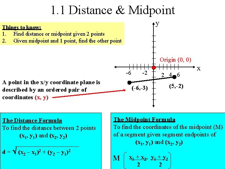 1. 1 Distance & Midpoint y Things to know: 1. Find distance or midpoint