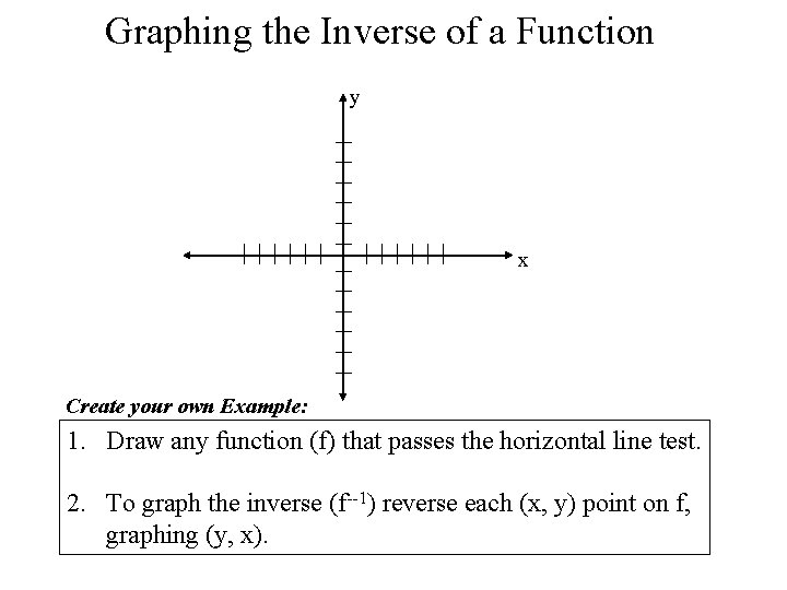 Graphing the Inverse of a Function y x Create your own Example: 1. Draw