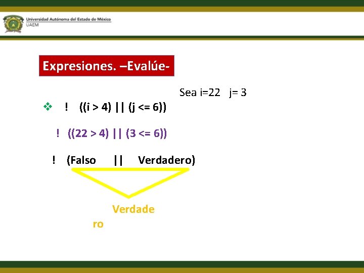 Expresiones. –Evalúev ! ((i > 4) || (j <= 6)) Sea i=22 j= 3