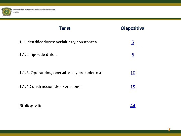 Tema Diapositiva 1. 1 Identificadores: variables y constantes 5 1. 1. 2 Tipos de