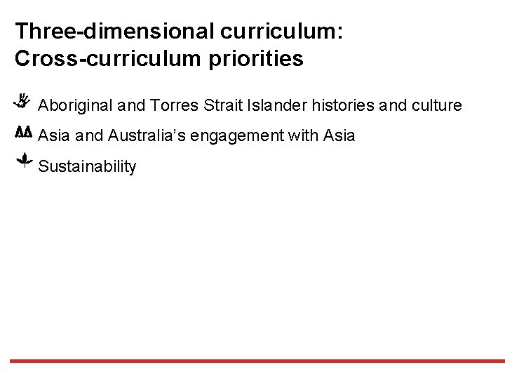 Three-dimensional curriculum: Cross-curriculum priorities Aboriginal and Torres Strait Islander histories and culture Asia and