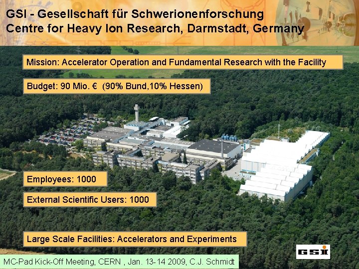 GSI - Gesellschaft für Schwerionenforschung Centre for Heavy Ion Research, Darmstadt, Germany Mission: Accelerator