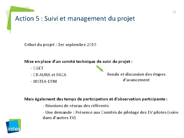 Action 5 : Suivi et management du projet 15 Début du projet : 1