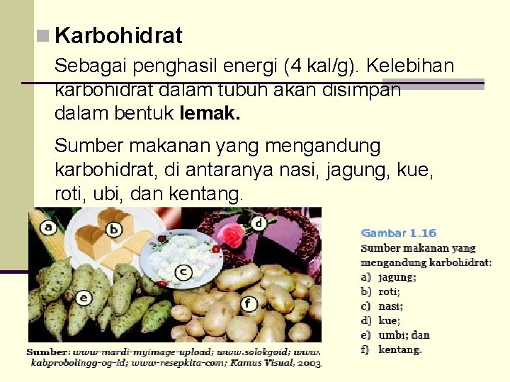 n Karbohidrat Sebagai penghasil energi (4 kal/g). Kelebihan karbohidrat dalam tubuh akan disimpan dalam