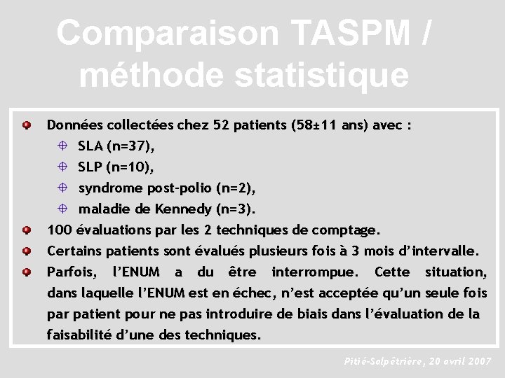 Comparaison TASPM / méthode statistique Données collectées chez 52 patients (58± 11 ans) avec