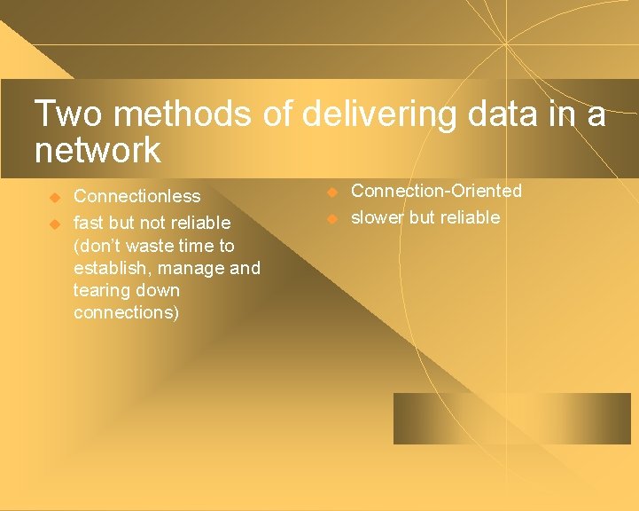 Two methods of delivering data in a network u u Connectionless fast but not