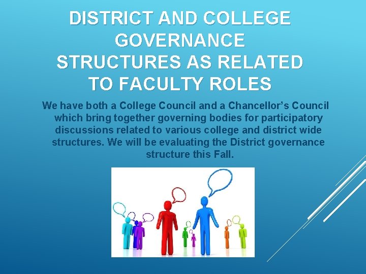 DISTRICT AND COLLEGE GOVERNANCE STRUCTURES AS RELATED TO FACULTY ROLES We have both a