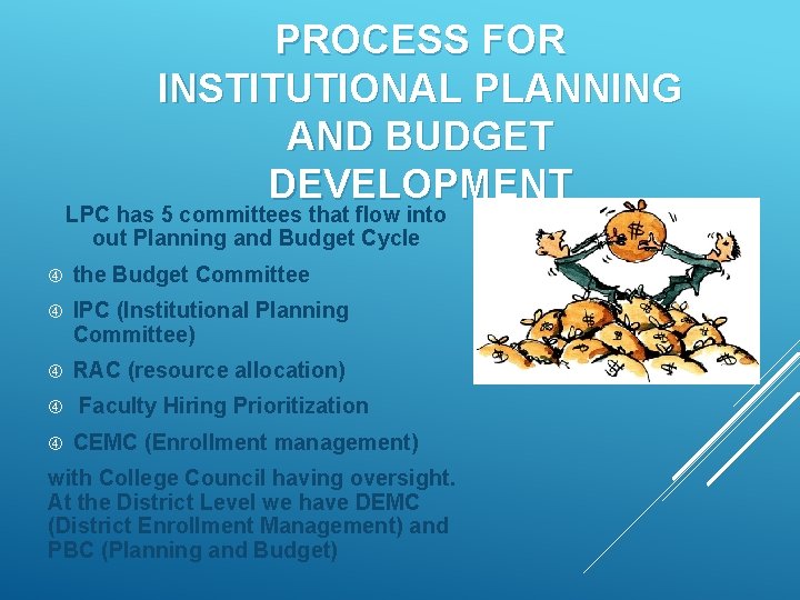 PROCESS FOR INSTITUTIONAL PLANNING AND BUDGET DEVELOPMENT LPC has 5 committees that flow into