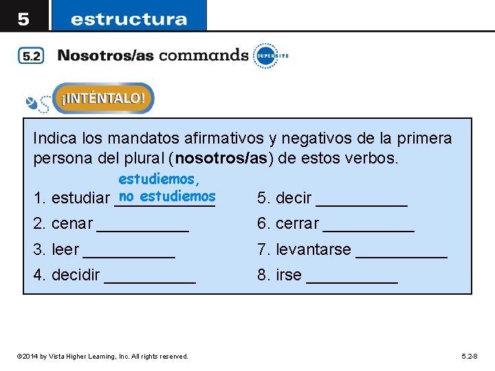 Indica los mandatos afirmativos y negativos de la primera persona del plural (nosotros/as) de