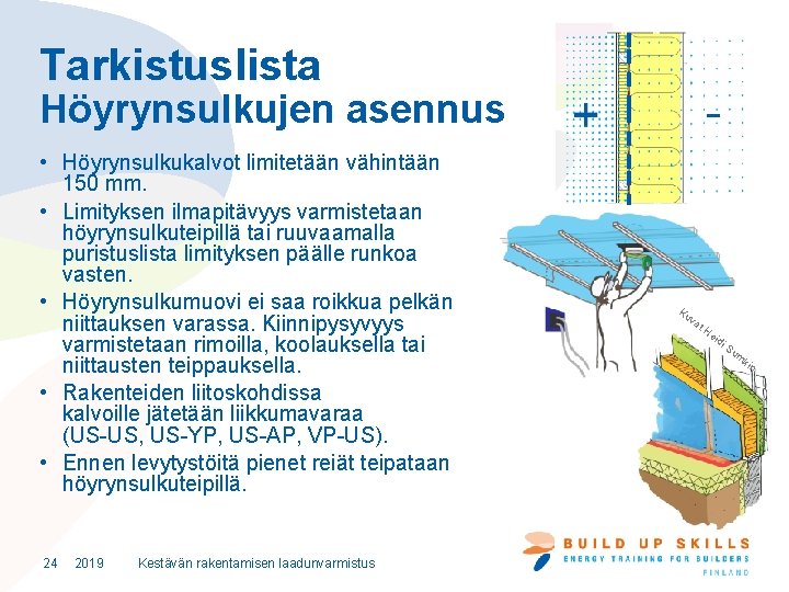 Tarkistuslista Höyrynsulkujen asennus • Höyrynsulkukalvot limitetään vähintään 150 mm. • Limityksen ilmapitävyys varmistetaan höyrynsulkuteipillä