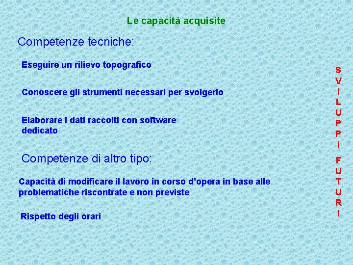 Le capacità acquisite Competenze tecniche: Eseguire un rilievo topografico Conoscere gli strumenti necessari per