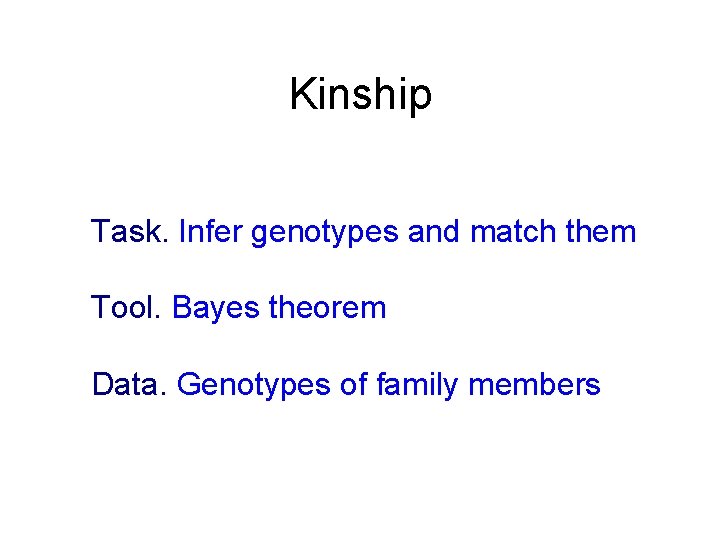 Kinship Task. Infer genotypes and match them Tool. Bayes theorem Data. Genotypes of family