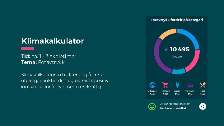 Klimakalkulator Tid: ca. 1 - 3 skoletimer Tema: Fotavtrykk Klimakalkulatoren hjelper deg å finne