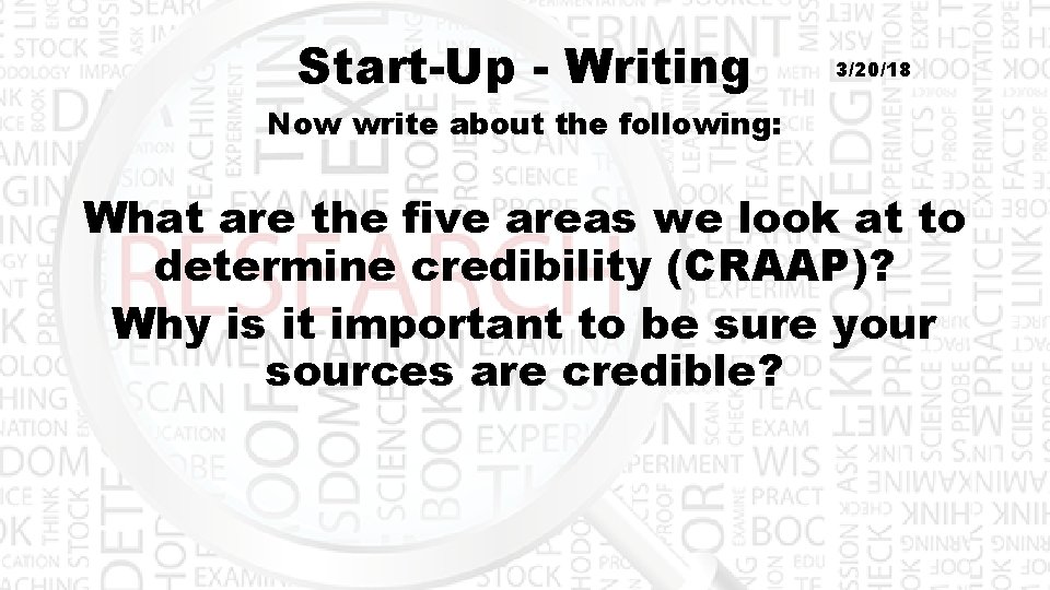Start-Up - Writing 3/20/18 Now write about the following: What are the five areas