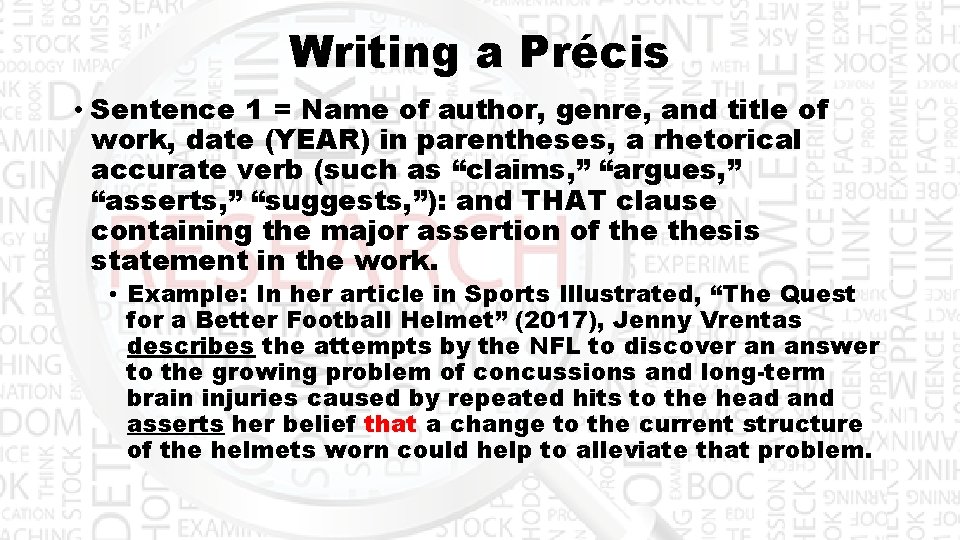 Writing a Précis • Sentence 1 = Name of author, genre, and title of