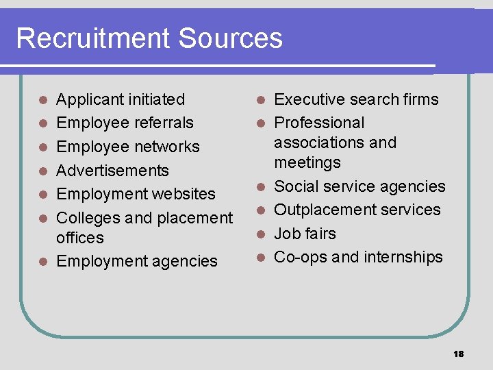 Recruitment Sources l l l l Applicant initiated Employee referrals Employee networks Advertisements Employment