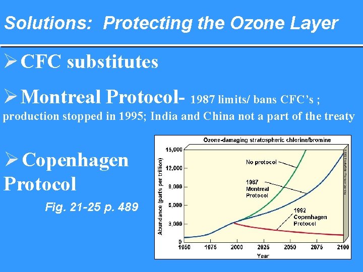 Solutions: Protecting the Ozone Layer Ø CFC substitutes Ø Montreal Protocol- 1987 limits/ bans