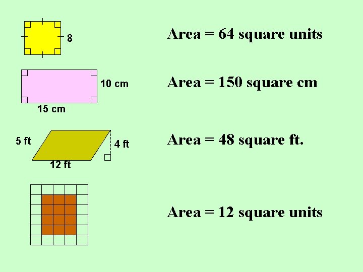 Area = 64 square units 8 10 cm Area = 150 square cm 15 Area = 64 square units 8 10 cm Area = 150 square cm 15
