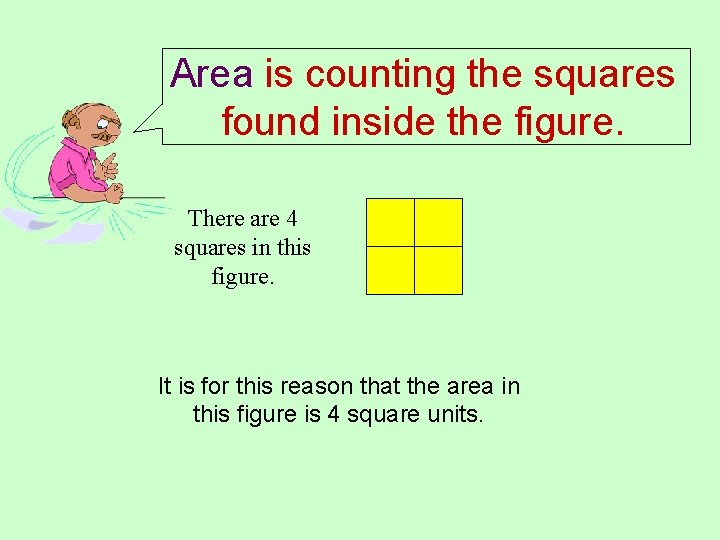 Area is counting the squares found inside the figure. There are 4 squares in Area is counting the squares found inside the figure. There are 4 squares in