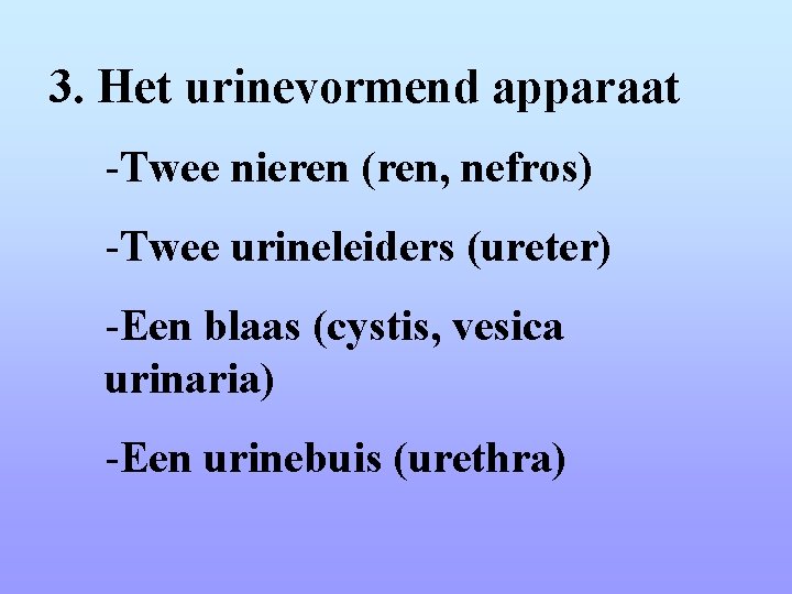 3. Het urinevormend apparaat -Twee nieren (ren, nefros) -Twee urineleiders (ureter) -Een blaas (cystis,