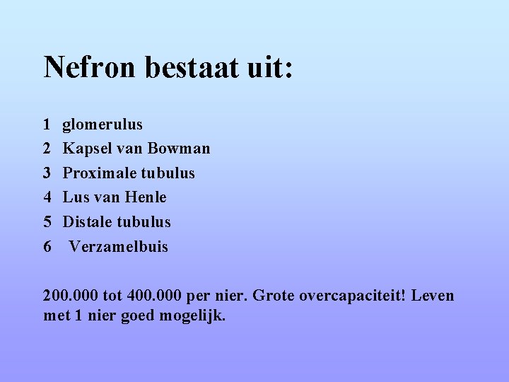 Nefron bestaat uit: 1 2 3 4 5 6 glomerulus Kapsel van Bowman Proximale