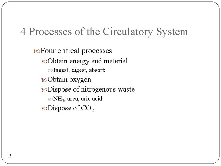 4 Processes of the Circulatory System Four critical processes Obtain energy and material Ingest,