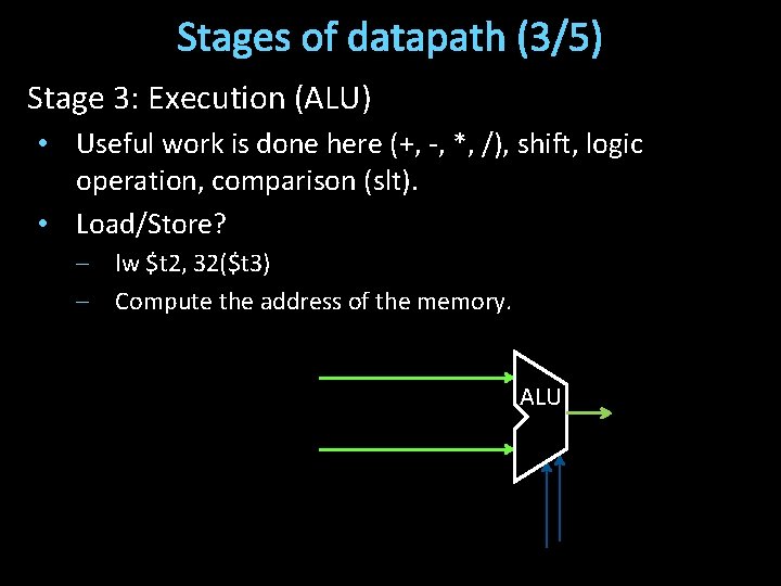 Stages of datapath (3/5) Stage 3: Execution (ALU) • Useful work is done here