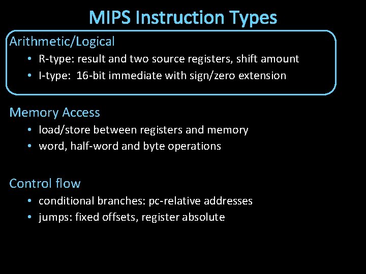 MIPS Instruction Types Arithmetic/Logical • R-type: result and two source registers, shift amount •