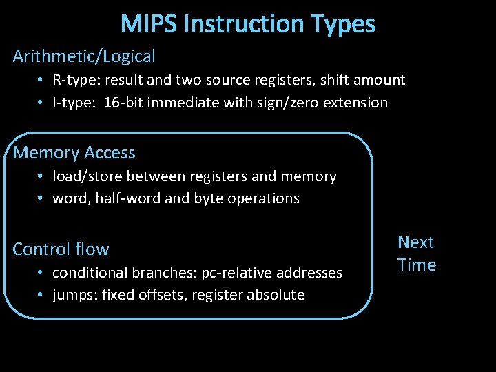 MIPS Instruction Types Arithmetic/Logical • R-type: result and two source registers, shift amount •