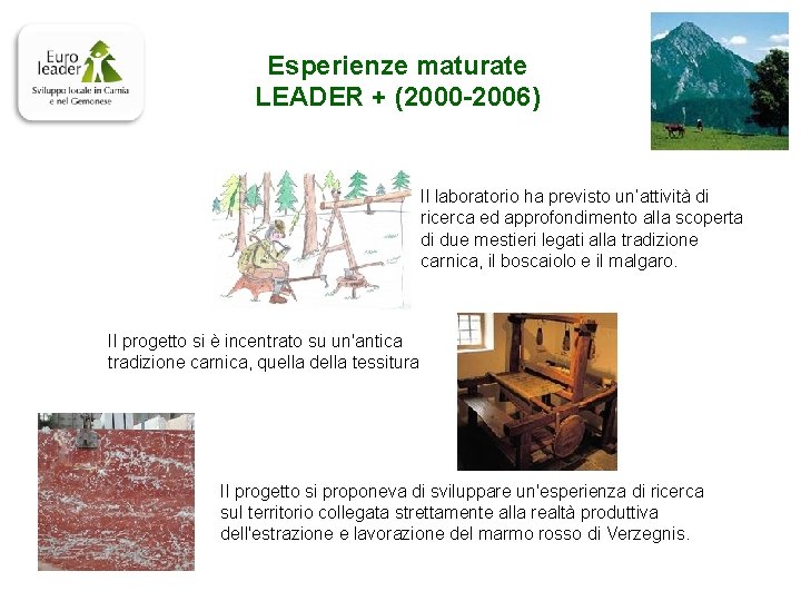 Esperienze maturate LEADER + (2000 -2006) Il laboratorio ha previsto un’attività di ricerca ed