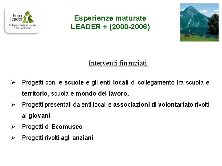 Esperienze maturate LEADER + (2000 -2006) Interventi finanziati: Ø Progetti con le scuole e