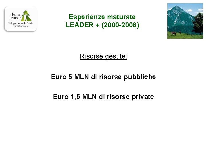 Esperienze maturate LEADER + (2000 -2006) Risorse gestite: Euro 5 MLN di risorse pubbliche