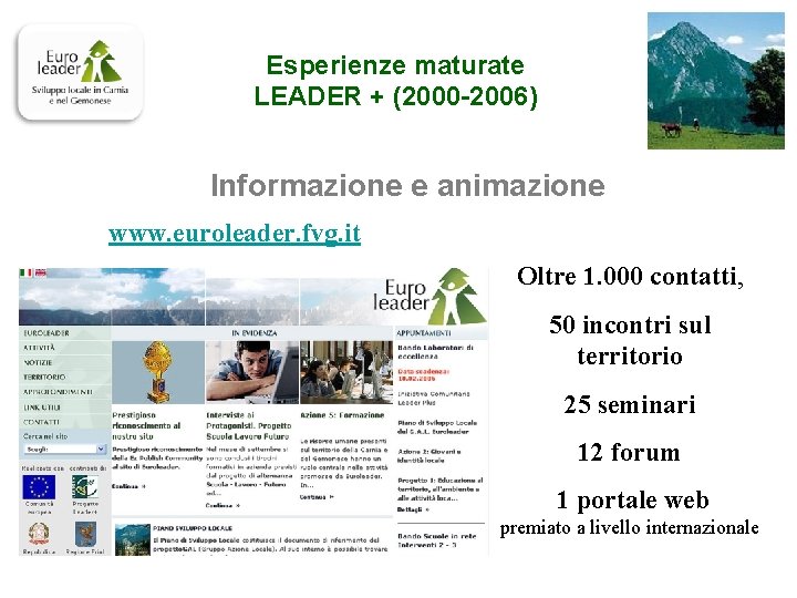 Esperienze maturate LEADER + (2000 -2006) Informazione e animazione www. euroleader. fvg. it Oltre
