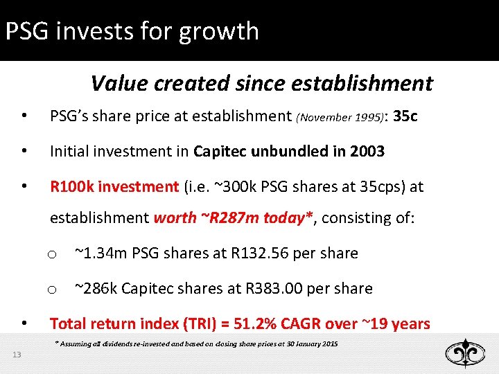 PSG invests for growth Value created since establishment • PSG’s share price at establishment