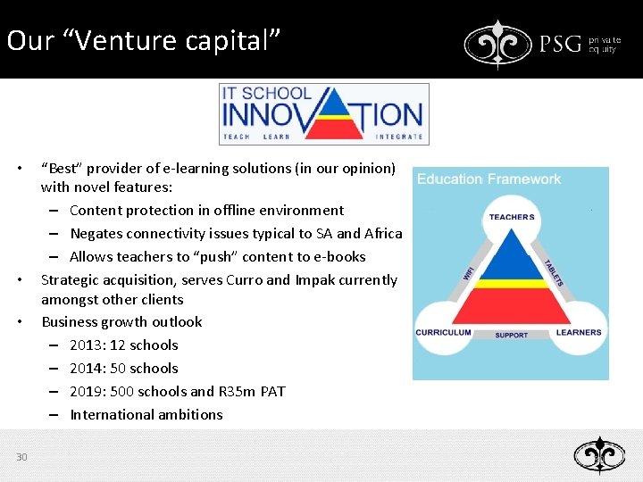 Our “Venture capital” • • • 30 “Best” provider of e-learning solutions (in our