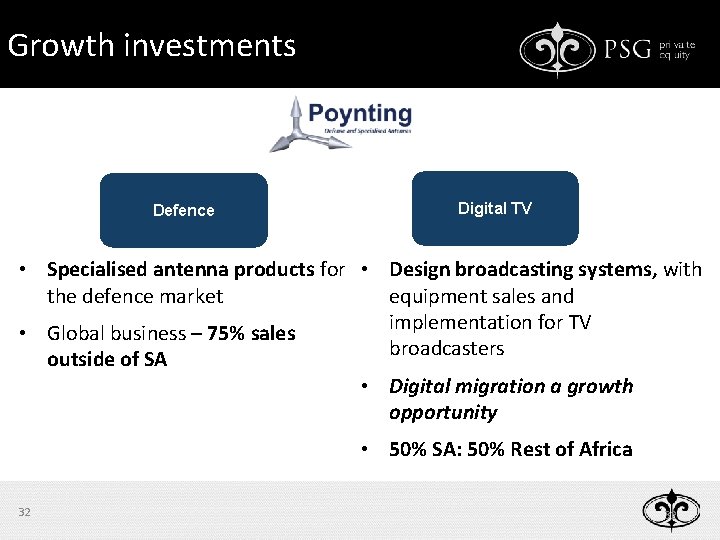 Growth investments Defence Digital TV • Specialised antenna products for • Design broadcasting systems,