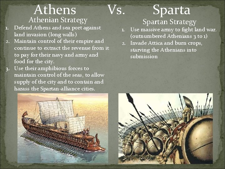 Athens Athenian Strategy Vs. 1. Defend Athens and sea port against land invasion (long