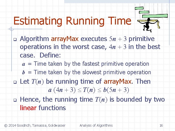 Estimating Running Time q Algorithm array. Max executes 5 n + 3 primitive operations