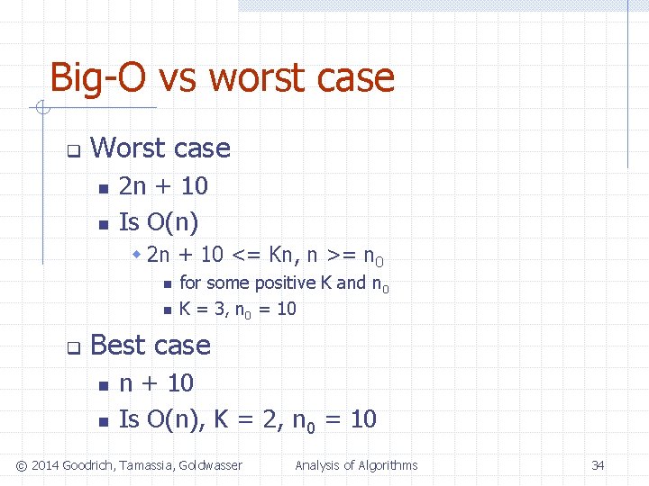 Big-O vs worst case q Worst case n n 2 n + 10 Is