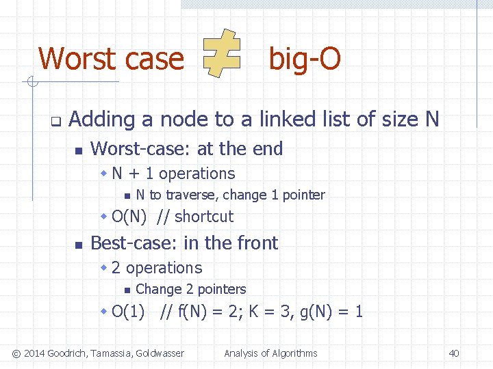 Worst case q big-O Adding a node to a linked list of size N