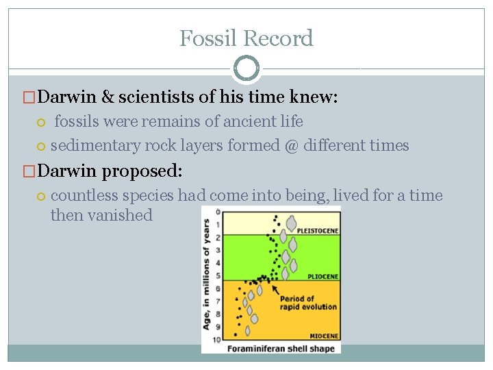 Fossil Record �Darwin & scientists of his time knew: fossils were remains of ancient
