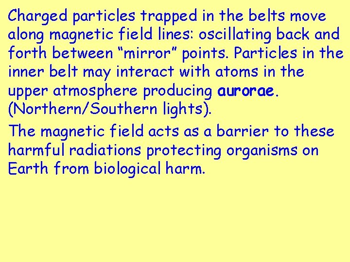 Charged particles trapped in the belts move along magnetic field lines: oscillating back and